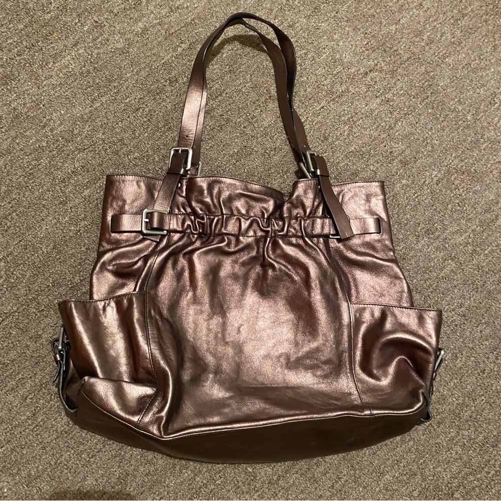 KENNETH COLE NEW YORK LEATHER HANDBAG SATCHEL TOTE CARRYALL GOLD METALLIC used